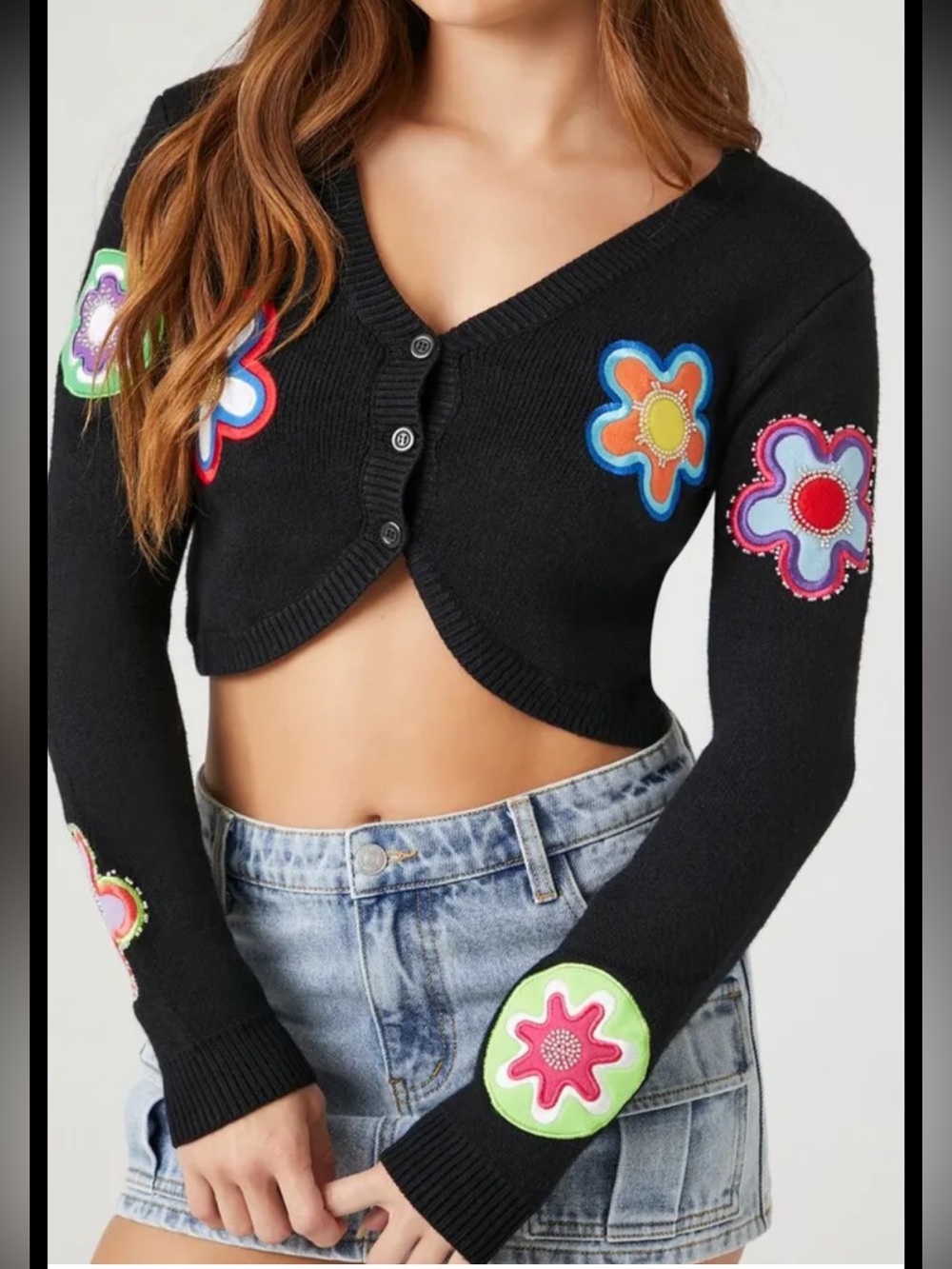 Forever 21 large black flower appliqué cropped cardigan.